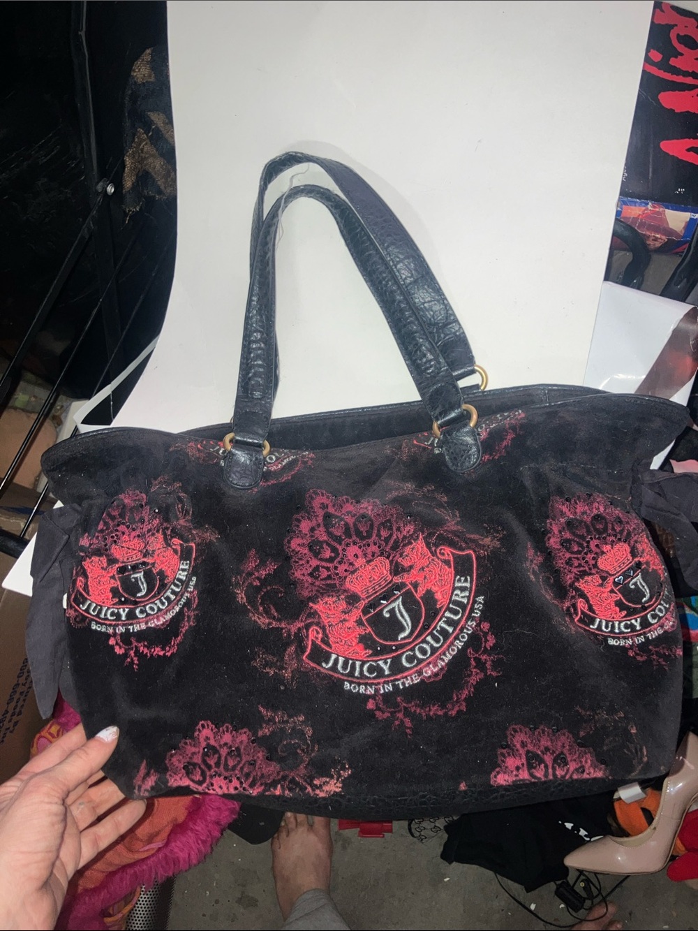 Juicy Couture Black Tote with Pink Crest Logo Pattern